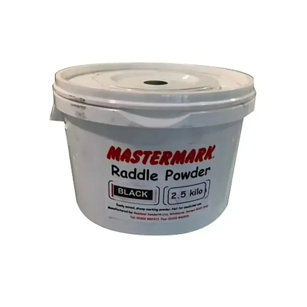 White plastic container of mastermark raddle powder black 2.5 kilo for mixed sheep marking and raddle powder efficient use