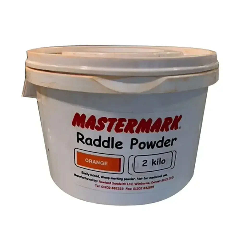 White plastic tub of mastermark raddle powder with orange mixed sheep marking powder efficient for sheep use