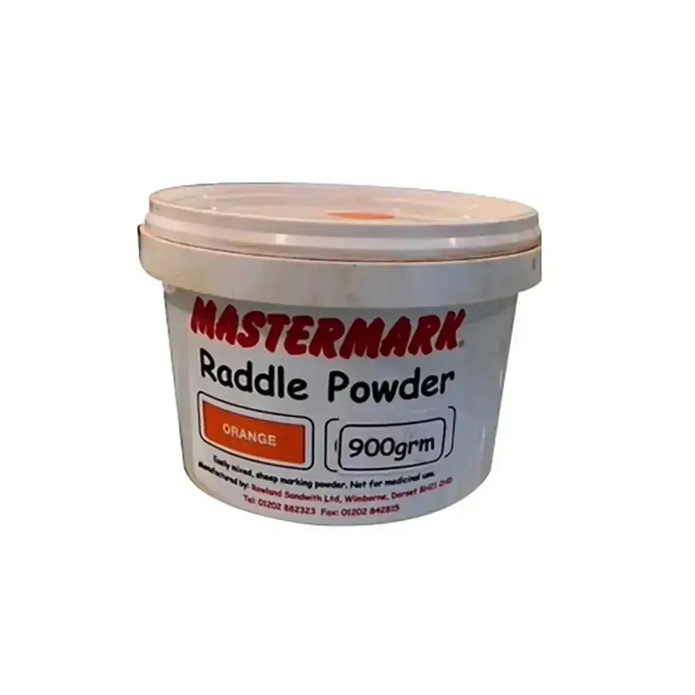 White plastic tub of mastermark raddle powder with orange efficient mixed sheep marking powder for easy use