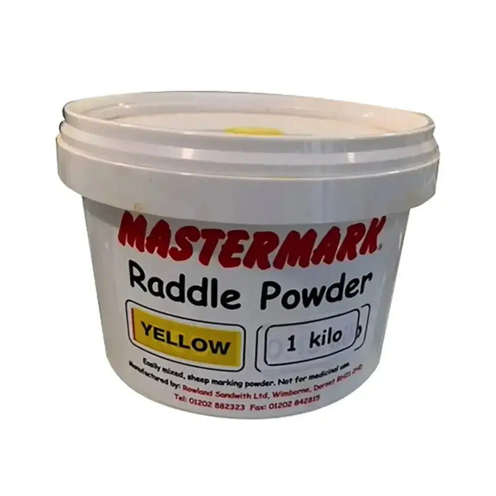 White plastic tub of mastermark raddle powder yellow 1 kilo for efficient mixed sheep marking