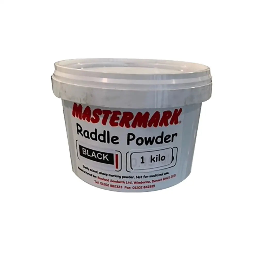 White plastic tub of mastermark raddle powder 1 kilo black efficient for mixed sheep marking use