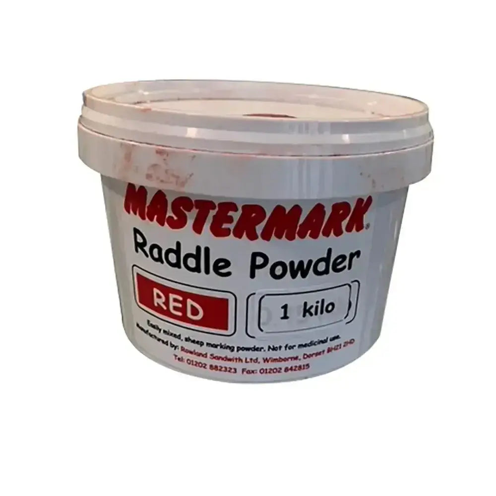 A white plastic tub of mastermark raddle powder red 1 kilo used as efficient mixed sheep marking powder