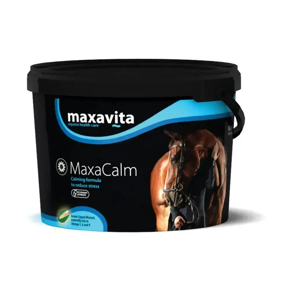 Black plastic bucket with blue accents and handle labeled maxacalm by maxavita for day-to-day calming supplement horse care