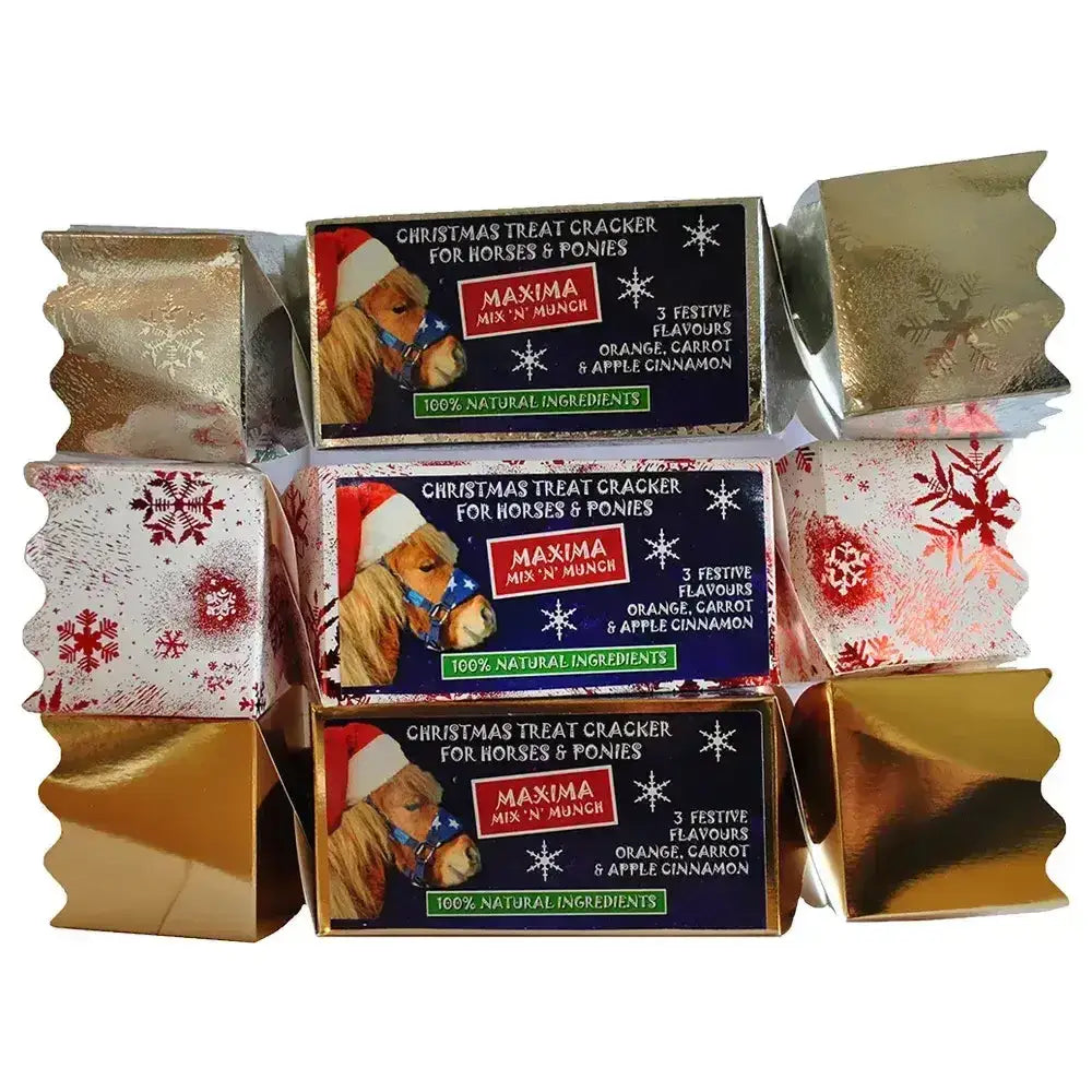 Three gold and white maxima mix munch christmas crackers with cartoon horses in santa hats for horse treats