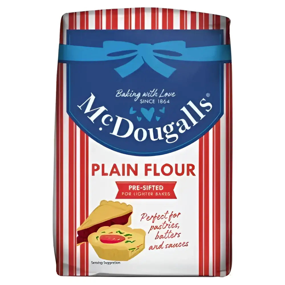 Mcdougalls plain flour in a red and white striped bag with a blue ribbon bow perfect for baking and cooking