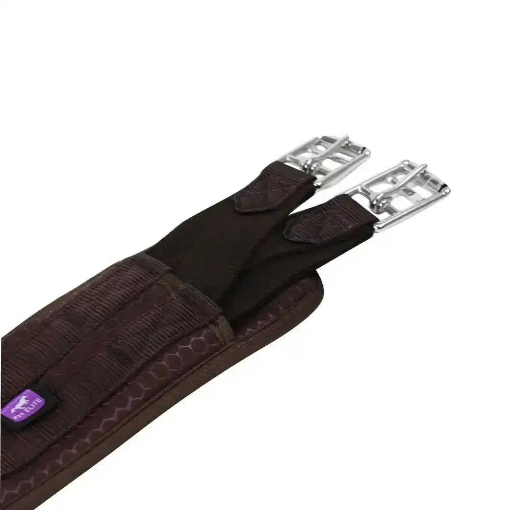 Brown memory foam girth with silver buckles purple logo tag made with coolmax material for comfort and durability