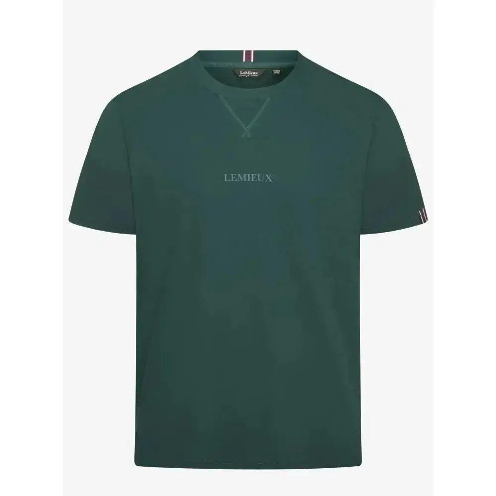 Dark green cotton mens lemieux t-shirt with subtle lemieux embroidery and matching brand tag for elite young mens style