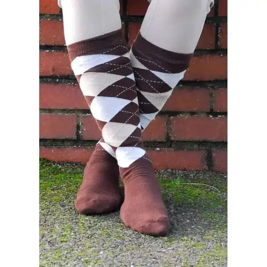 Mens rhinegold fully cushioned riding socks with brown and white argyle pattern and ribbed cuff knee-high design