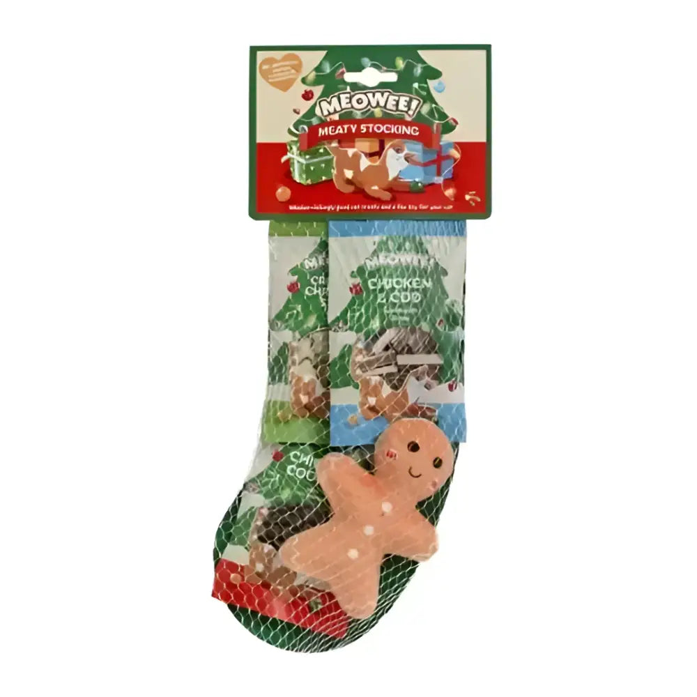 A festive gingerbread man-shaped meaty cat treat stocking packaged in a netted holiday-themed bag