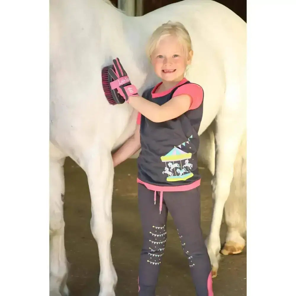 Pink and black merry go round children’s riding gloves with amara grip palms and reinforced rein fingers