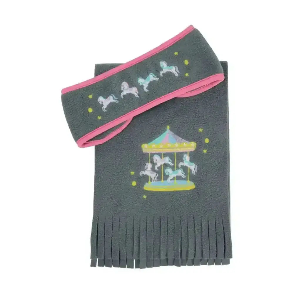 Dark gray super-soft fleece scarf with pink trim and white horse carousel design perfect for cold weather by little rider