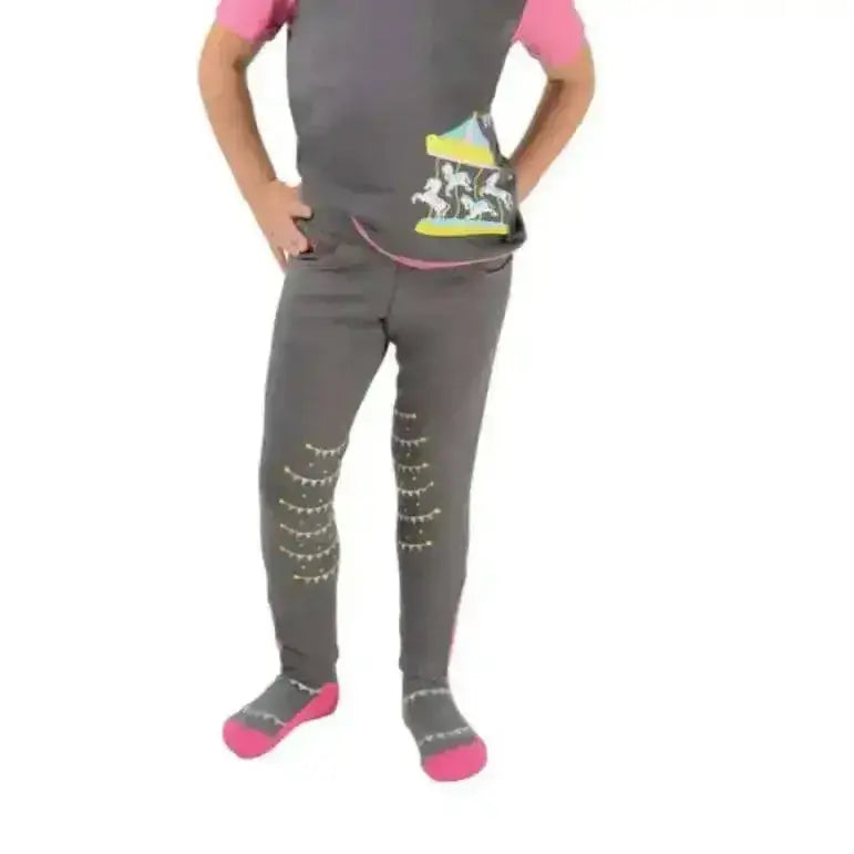 Gray merry go round pull on jodhpurs designed with silver studs and pink cuffs for a secure fit allowing you to enjoy riding