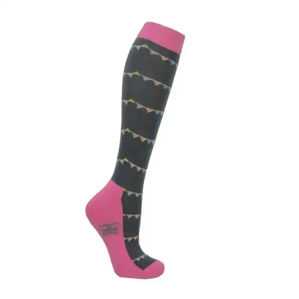 Pink and black knee-high merry go round socks with multicolored bunting made from breathable bamboo fabric for rider’s outfit