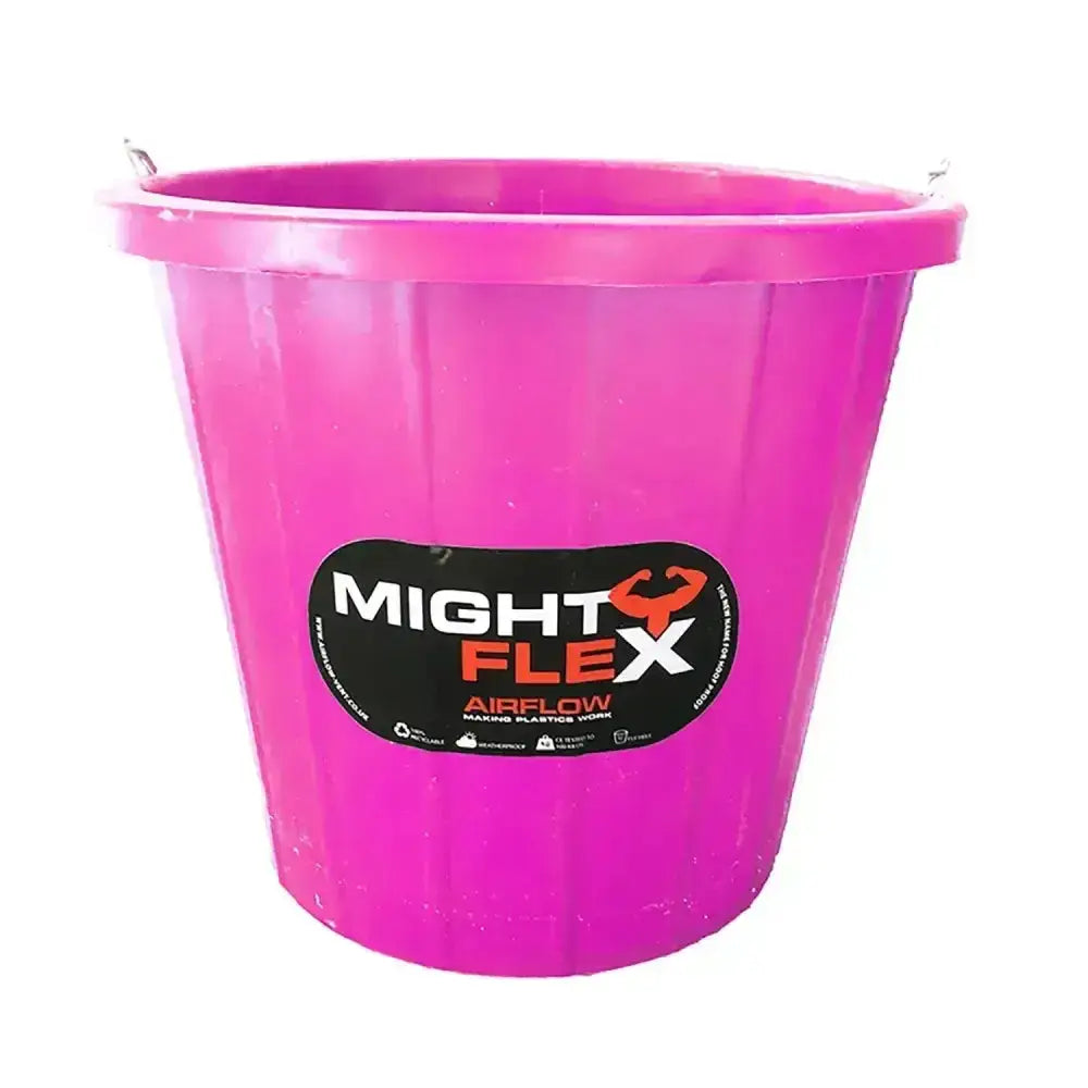 A vibrant pink mightyflex calf multi purpose bucket with ribbed plastic and metal handles to withstand kicks