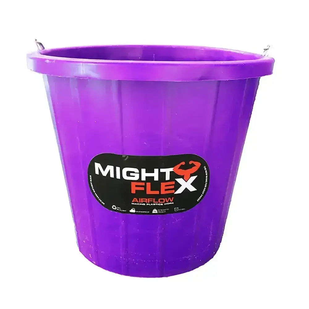 Purple plastic mightyflex calf multi 10 lt bucket with black and orange might flex airflow label designed to withstand kicks
