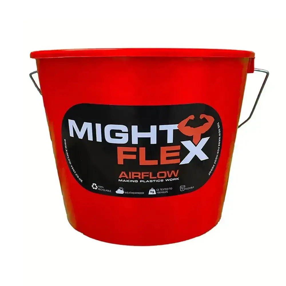 Red plastic mightyflex mini calf multi-purpose bucket with metal handles and black might flex label 2.5 lt capacity