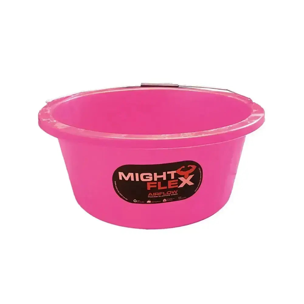 Bright pink mightyflex shallow feeder 15 lt multi-purpose bucket with black and orange airflow label on the side