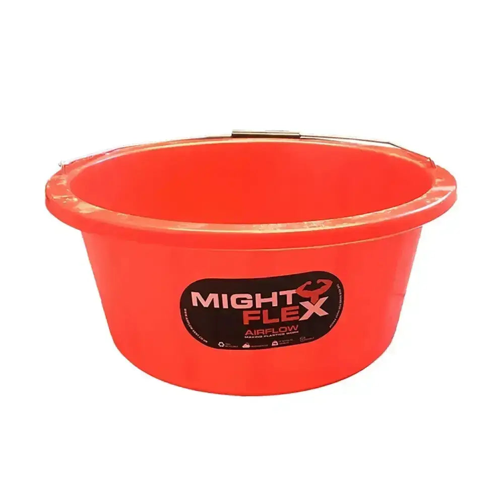 Bright orange mightyflex shallow feeder multi-purpose bucket 15 lt with black and white airflow label