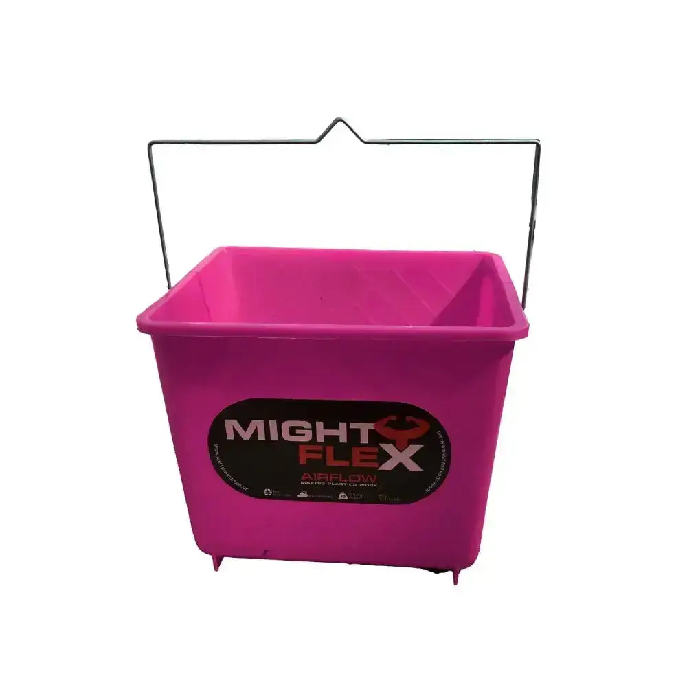 Bright pink plastic mightyflex square calf bucket with black and white might flex logo for calf multi purpose use