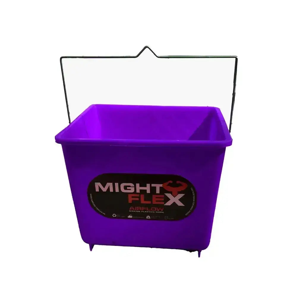 Purple mightyflex square calf bucket with black metal handle and oval brand label for calf multi purpose use