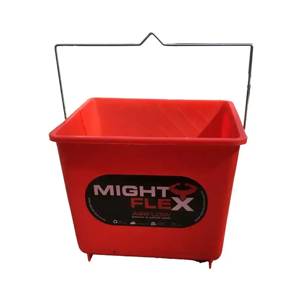 Red plastic mightyflex square calf bucket with metal handle small feet and oval might flex logo for multi purpose use