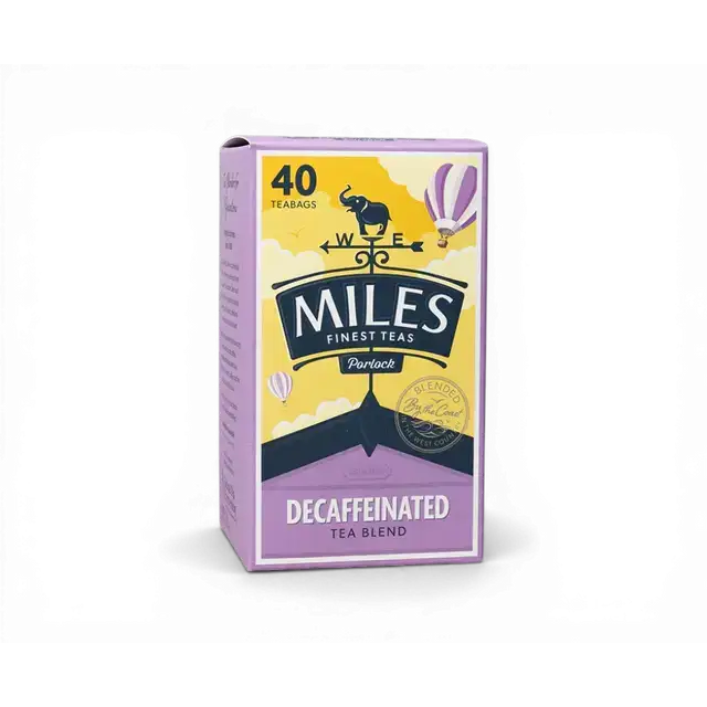 Purple and yellow box of miles tea west country decaffeinated teabags with parlock tea blend