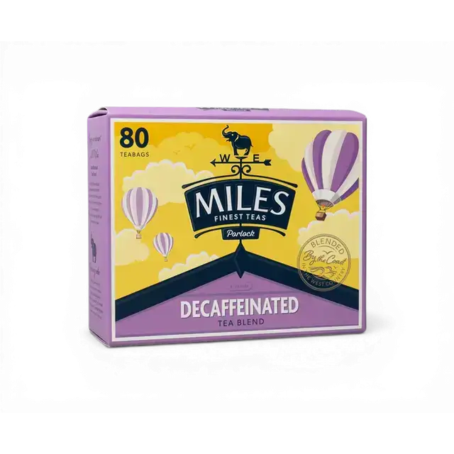 Purple and yellow box of miles tea decaffeinated teabags featuring a west country hot air balloon design