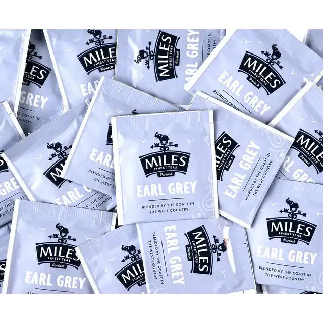 Light blue and black miles tea earl grey envelope teabags with italian bergamot oil for a fragrant brew