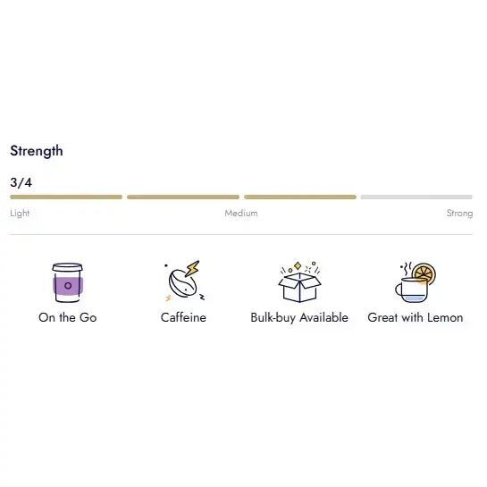 A purple coffee cup icon labeled on the go showing strength on miles tea earl grey envelope with italian bergamot oil