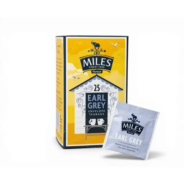 Miles tea earl grey envelope teabags in yellow black box with 25 count and italian bergamot oil silver foil packet