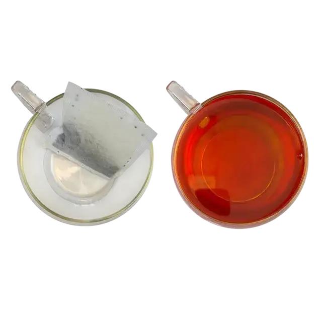 Transparent glass tea cup with brewed earl grey tea made from miles tea earl bergamot oil teabags