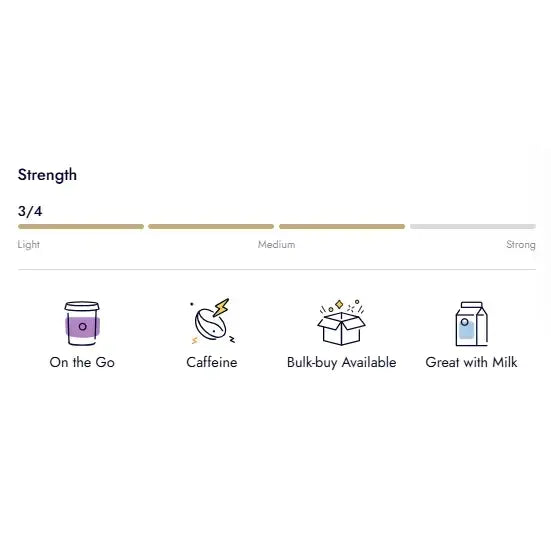 Purple coffee cup icon labeled on the go on miles tea and coffee english breakfast envelope teabags product strength slider