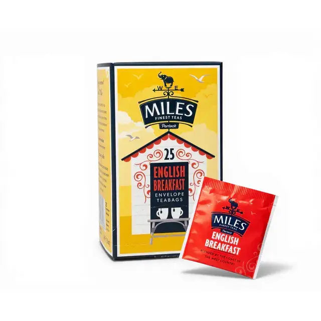 Miles tea english breakfast envelope teabags in yellow box with red packets made from kenya tea leaves for coffee english breakfast lovers