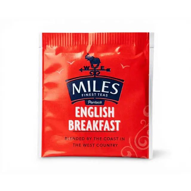 Red foil english breakfast envelope teabags by miles finest teas with blue elephant logo made from kenya tea leaves