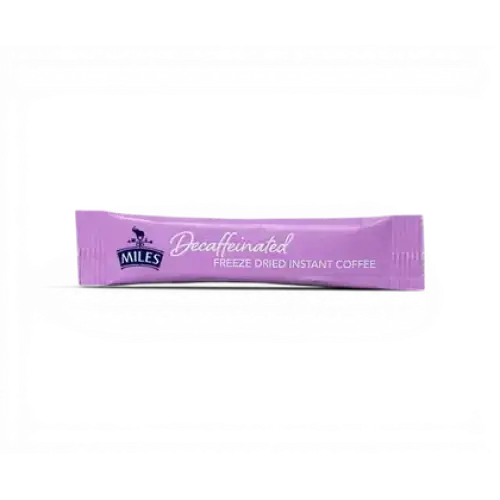 A purple miles tea packet of freeze dried instant decaf coffee with no caffeine for easy quick brewing