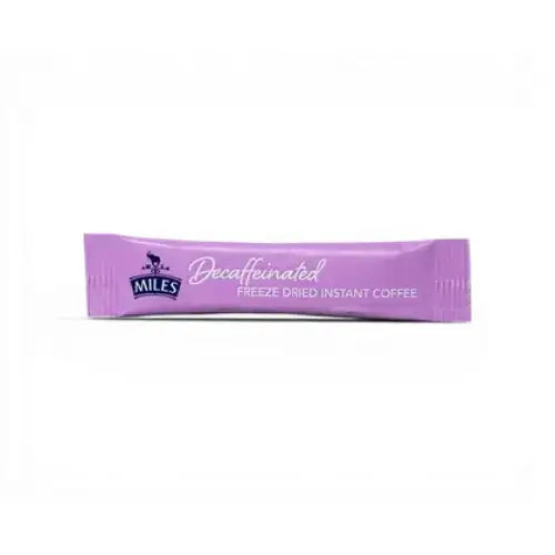 A purple miles tea packet of freeze dried instant decaf instant coffee for easy caffeine-free beverage preparation