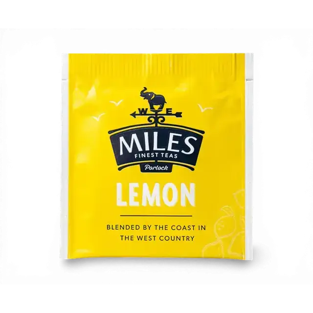 Bright yellow single-serve lemon envelope teabags from miles tea lemon with elephant logo perfect for lemon verbena lovers