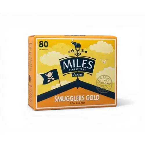 Miles Tea Smugglers gold ceylon tea blend box with 80 pirate-themed yellow orange and navy blue teabags