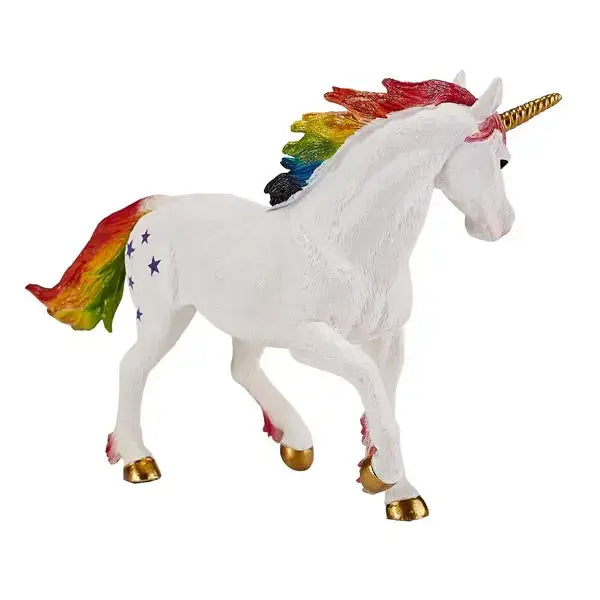 White mojo unicorn rainbow figurine with rainbow mane, gold horn and hooves, and blue star patterns on side