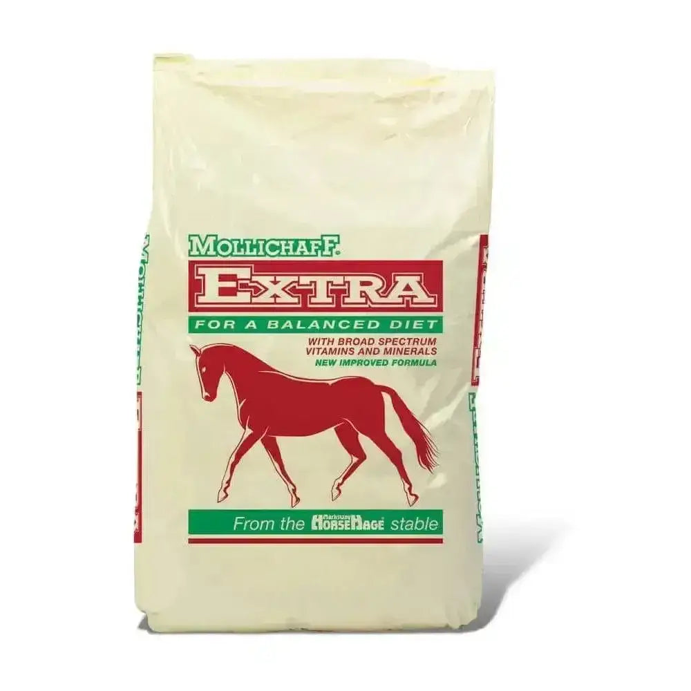 Cream mollichaff extra horse feed bag with red green branding featuring a horse silhouette and high quality chaff combining wheat