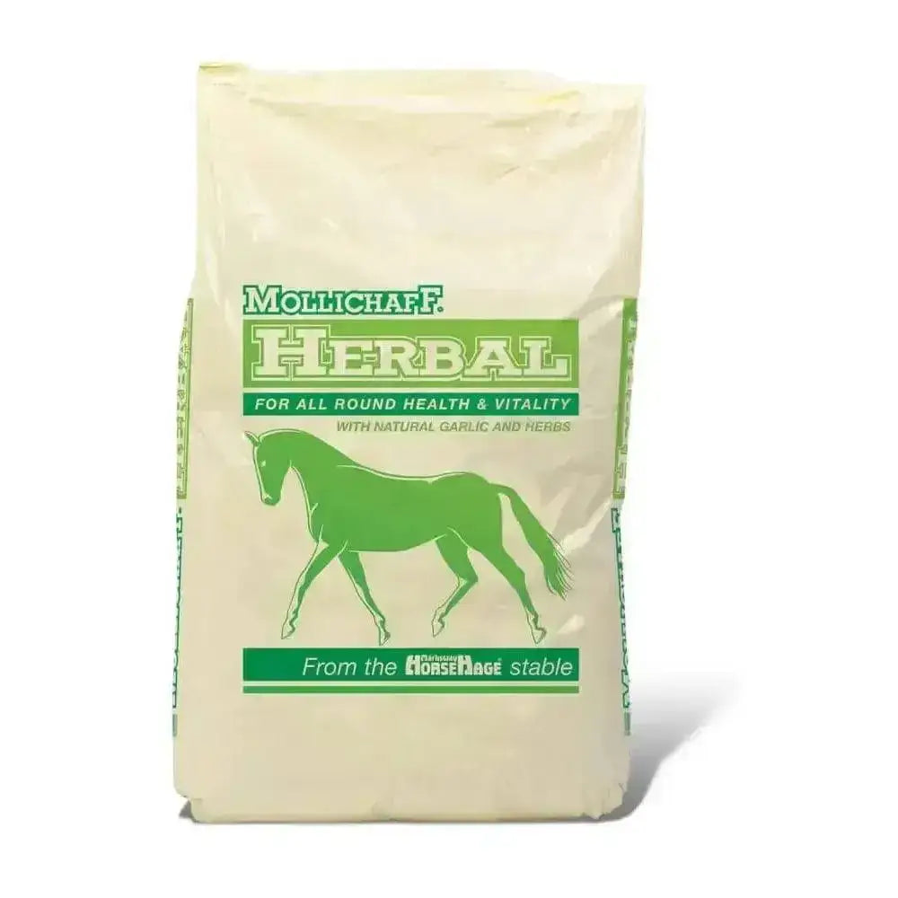Cream mollichaff herbal horse feed bag with green branding and walking horse silhouette for high quality chaff use