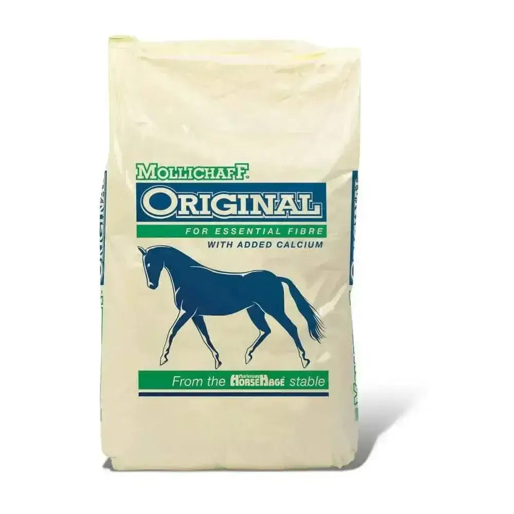 Mollichaff original horse feed in cream bag with blue green branding adds extra essential fibre for healthy horses