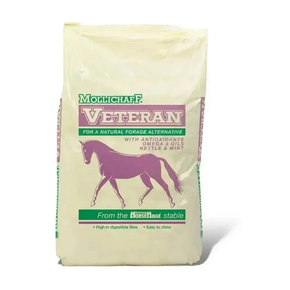 Cream-colored mollichaff veteran horse feed bag with purple green branding featuring high fibre forage illustration