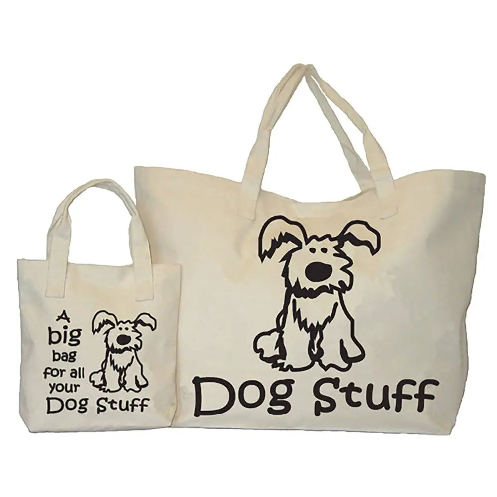 Cream-colored canvas tote bags with black scruffy dog illustration and dog stuff text from moorland rider dog big bag collection