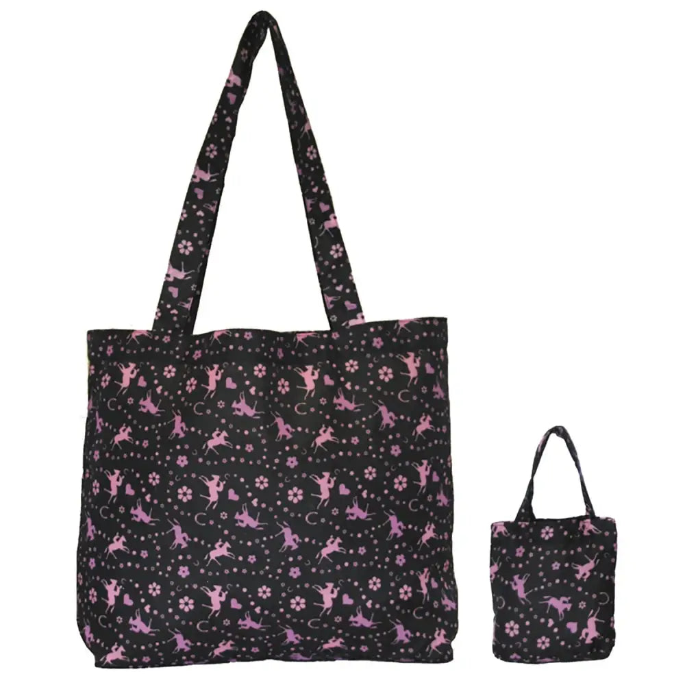 Black moorland rider foldaway shopper tote bag with pink unicorn and daisy print floral patterns