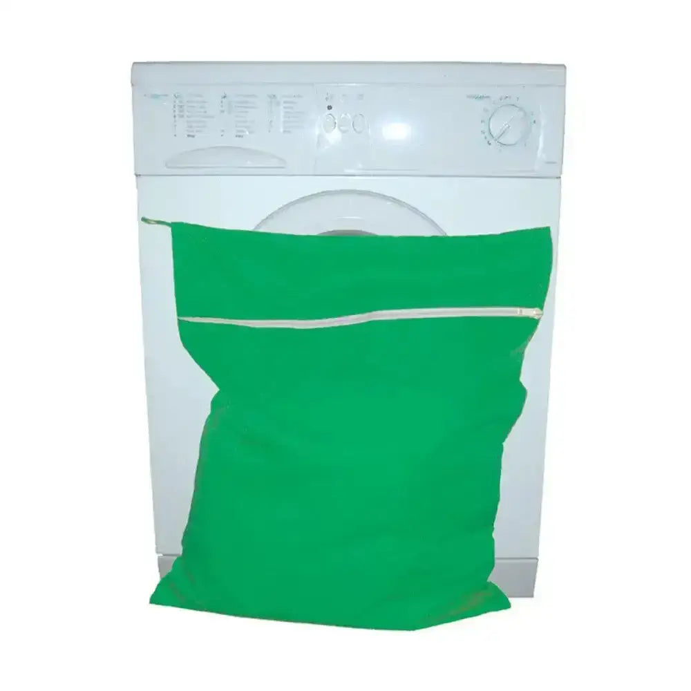 Green fabric laundry bag with white zipper for moorland rider petwear rider petwear wash and petwear wash bag use