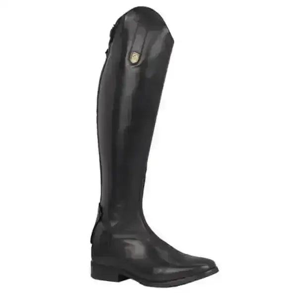 Black leather mountain horse opus high rider tall boot with glossy finish and gold emblem near the top