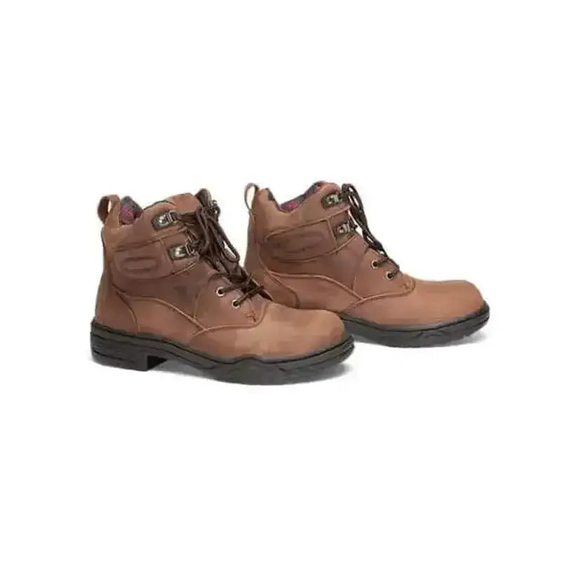 Brown leather mountain horse paddock boots with sturdy laces and metal eyelets perfect for warm winter yard use