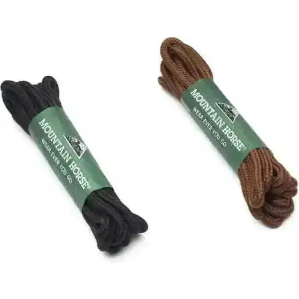 Black and brown mountain horse shoe laces bundled with green branded labels for long riding boots