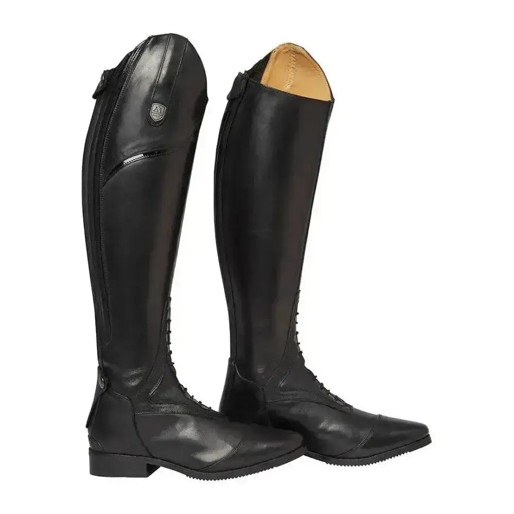 Black leather mountain horse sovereign high rider riding boots with glossy finish and subtle stitching details